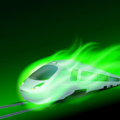 High-speed train in motion green flame at night.