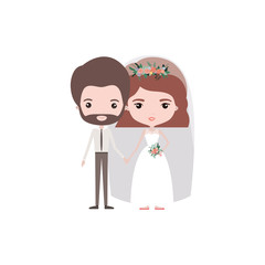 colorful caricature newly married couple groom with formal wear and bride with wavy short hairstyle