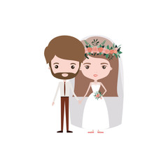 colorful caricature newly married couple bearded groom with formal wear and bride with straight medium hairstyle