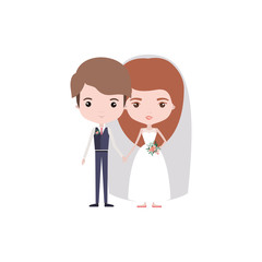 Obraz na płótnie Canvas colorful caricature newly married couple young groom with formal wear and bride with long hairstyle