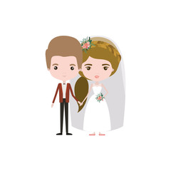 Obraz na płótnie Canvas colorful caricature newly married couple groom with formal wear and bride with ponytail side long hairstyle