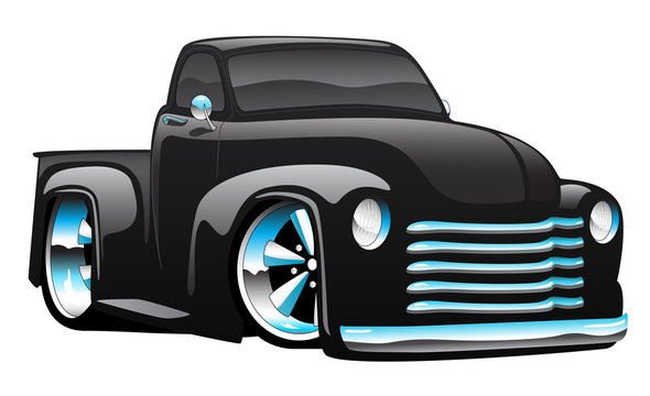 Hot Rod Pickup Truck Illustration Isolated Vector Illustration, shiny black paint, cool low stance, lots of chrome