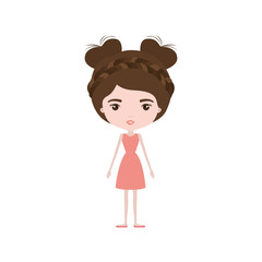 colorful caricature skinny woman in dress with double bun hairstyle and braid