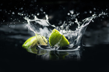 Fototapeta na wymiar slices of lime falling in water