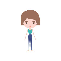 colorful caricature skinny woman in clothes with short straight hairstyle