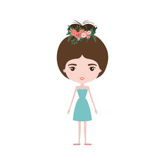 colorful caricature skinny woman in dress with bun collected hairstyle and flower crown accesory