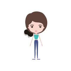 colorful caricature skinny woman in clothes with side bun hairstyle