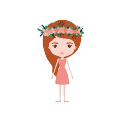 colorful caricature skinny woman in dress with wavy side long hairstyle and flower crown accesory