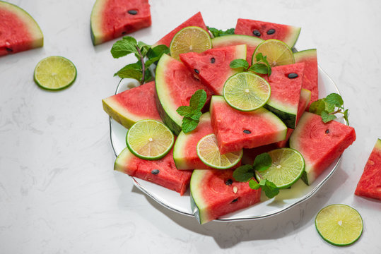 Fresh sliced watermelon on a plate in summertime