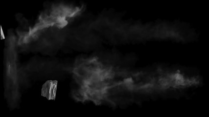 Three large fragments of concrete fly leaving trail of dust, with alpha mask
