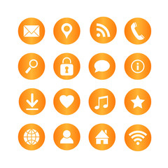 Set of media and communication vector icons on orange circle buttons.