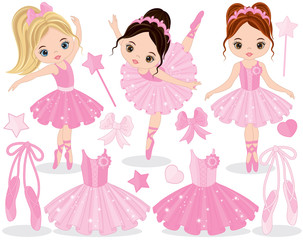 Vector Set with Cute Little Ballerinas, Ballet Shoes and Tutu Dresses
