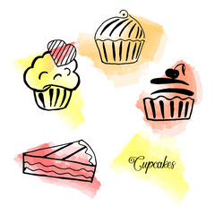 Vector set of hand drawn tea time collection. Cupcakes, muffins, desserts, cakes. An idea for design, teashop. Watercolor background.