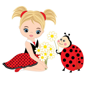 Vector Cute Little Girl with Ladybug and Flowers