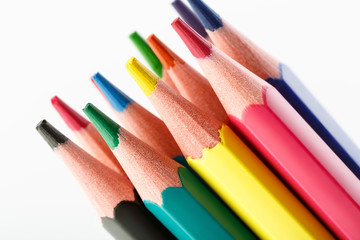 Color pencils isolated on white background. Many different colored pencils. Colored drawing pencils in a variety of colors
