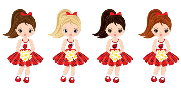 Vector Cute Little Girls with Various Hair Colors