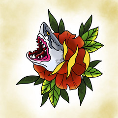 Traditional tattoo rose with shark design. Cartoon illustration, hand drawn style.