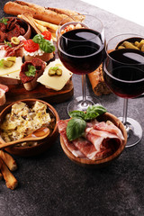 Italian antipasti wine snacks set. Cheese variety, Mediterranean