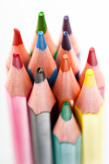 Color pencils isolated on white background. Many different colored pencils. Colored drawing pencils in a variety of colors