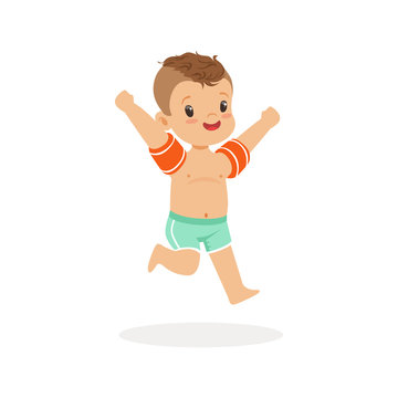 Cute happy boy running with inflatable armbands, kids summer vacation colorful character vector Illustration