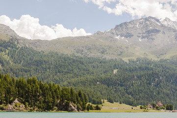 Surlej, St. Moritz, Dorf, Champfèr, Champfèrsee, See, Seenplatte, Corvatsch, Alpen, Schweizer Berge, Malojawind, Wassersport, Engadin, Oberengadin, Alpen, Graubünden, Sommer, Schweiz