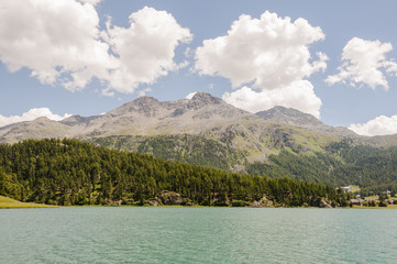 Surlej, Champfèr, Champfèrsee, Seeufer, Seenplatte, Engadin, Oberengadin, Alpen, Corvatsch, Piz Surlej, Graubünden, Malojawind, Sommer, Schweiz