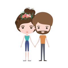 colorful caricature thin couple of bearded man and woman with bun hairstyle and crown of flowers decorative