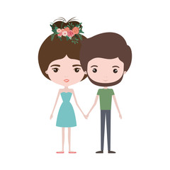 colorful caricature thin couple of bearded man and woman in dress with bun hairstyle and crown of flowers decorative