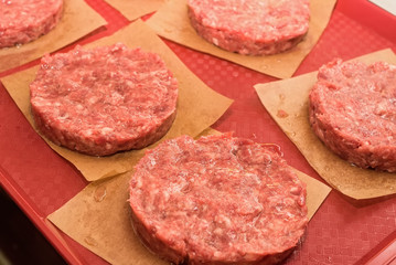 Raw burger cutlets close up