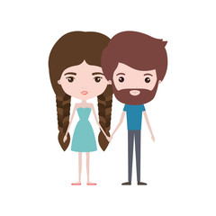 colorful caricature thin couple of bearded man and woman in dress with double braids hairstyle holding hands