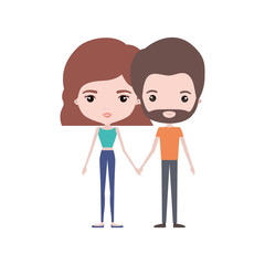colorful caricature thin couple in clothes of bearded man and woman with wavy short hairstyle holding hands