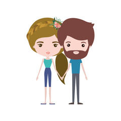 Obraz na płótnie Canvas colorful caricature thin couple in clothes of bearded man and woman with side ponytail braided hairstyle holding hands
