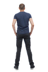 Back view of man in trousers. Standing young guy. Rear view people collection.  backside view of person.  Isolated over white background.