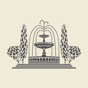 Icon of a stylized vintage Park fountain with steps and trees. Flat vector isolated silhouette.
