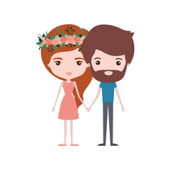 Obraz na płótnie Canvas colorful caricature thin couple of bearded man and woman in dress with flower crown in hair and holding hands
