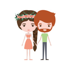 colorful caricature thin couple of bearded man and woman in skirt and top braid hairstyle with flower crown and holding hands