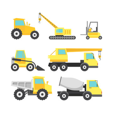 Cartoon Construction Machinery Color Icons Set. Vector