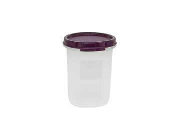 Plastic food cup container with purple lid isolated
