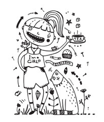 Girl and Cat Friends Drinking Tea
