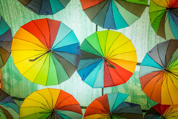 Colorful hanging umbrellas above the street.