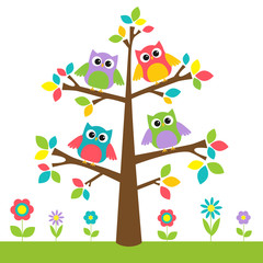 Fototapeta premium Cute owls on colorful tree and flowers