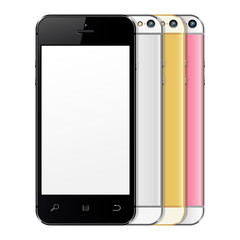 New realistic black, silver, golden and rose smartphones set mockups