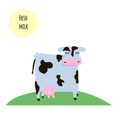 Cute icon cow. Fresh milk. Vector hand drawn illustration.