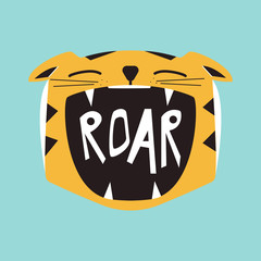 Roaring cartoon tiger. Vector hand drawn illustration.