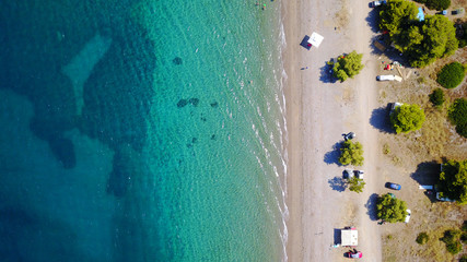 Aerial drone photo of Monolia island exotic beach with sapphire and turquoise clear waters, called the 