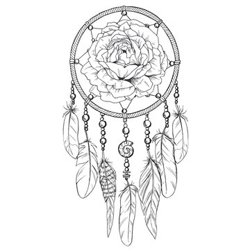 Hand drawn ornate Dreamcatcher with rose bud in contour. Vector illustration.
