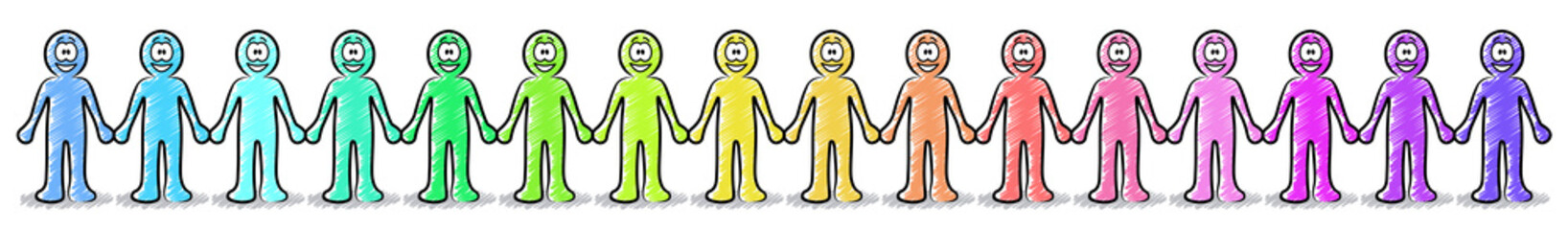 Eine Gruppe von lächelnden Comic-Menschen Hand in Hand / Panorama, farbig, gezeichnet, Vektor, freigestellt 