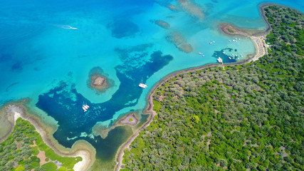 Aerial drone photo of exotic beaches with sapphire and turquoise clear waters, called the 