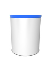 3D realistic render of Round white tin can with blue plastic lid, Container for tea, coffee, sugar, candy, food, spice or paint. Realistic packaging mock up template with clipping path.