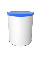 3D realistic render of Round white tin can with blue plastic lid, Container for tea, coffee, sugar, candy, food, spice or paint. Realistic packaging mock up template with clipping path.